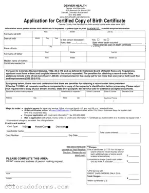 Fill a Valid Colorado Denver Application Birth Certificate Form