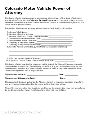 Printable Colorado Motor Vehicle Power of Attorney Form