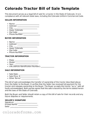 Printable Colorado Tractor Bill of Sale Form