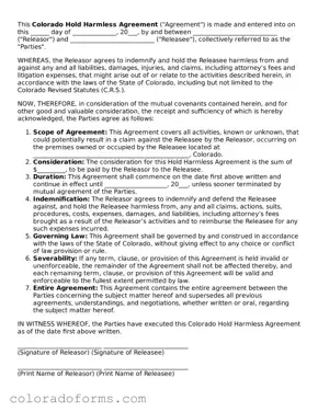 Printable Colorado Hold Harmless Agreement Form