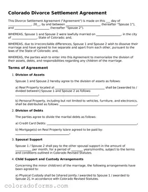 Printable Colorado Divorce Settlement Agreement Form